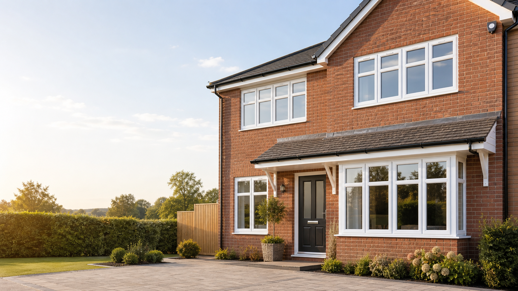 Modern UK home fitted with white uPVC casement windows and a black composite front door